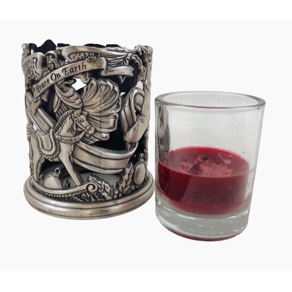 Vintage Peace On Earth Candle Votive Holder Pewter Christmas Holiday Santa - Picture 1 of 10
